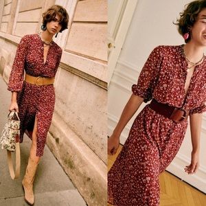 Sezane Alix Long Sleeve Midi Dress Burgundy Floral Size 2 NEW